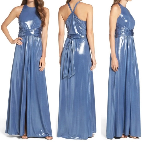 Halston Heritage | Sleeveless High-Neck Metallic Jersey Gown - Picture 5 of 16